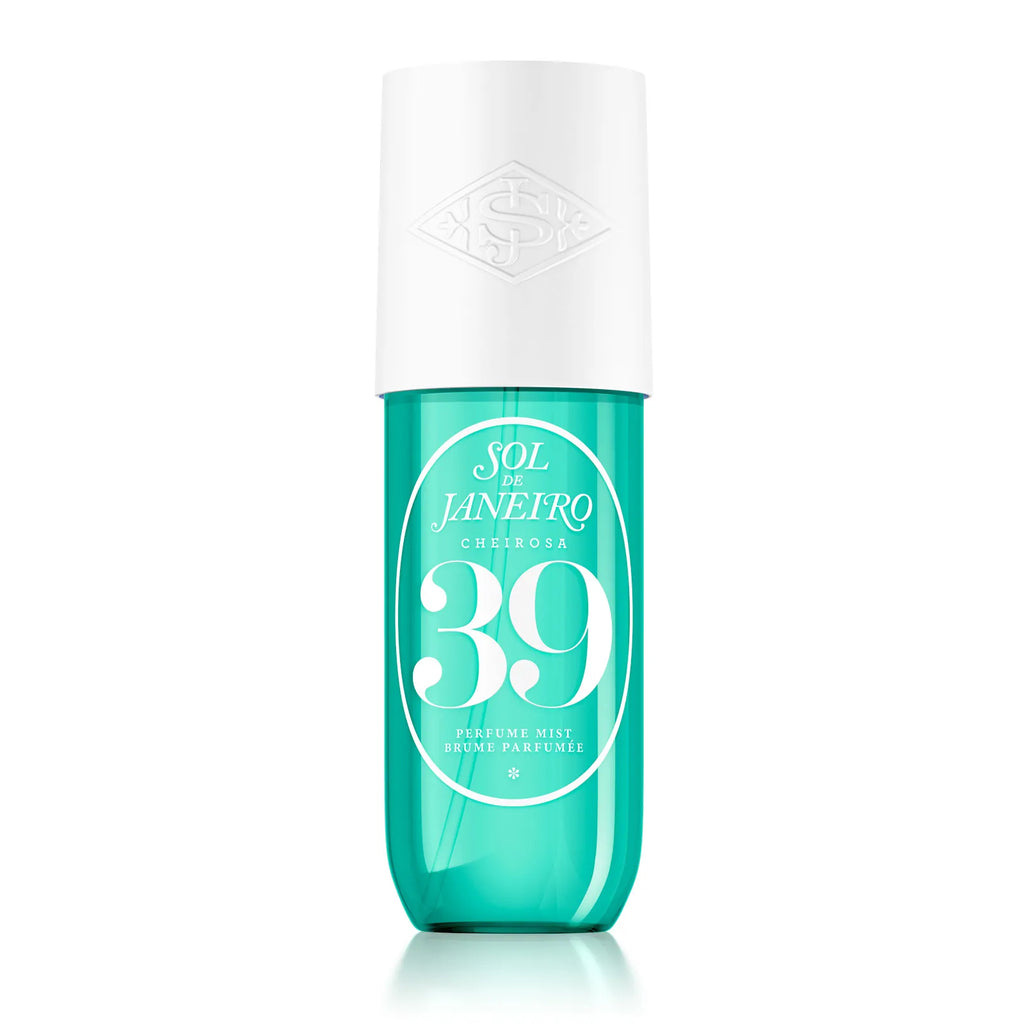 Teal and white bottle of Sol de Janeiro perfume mist on a white background