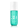 Teal and white bottle of Sol de Janeiro perfume mist on a white background