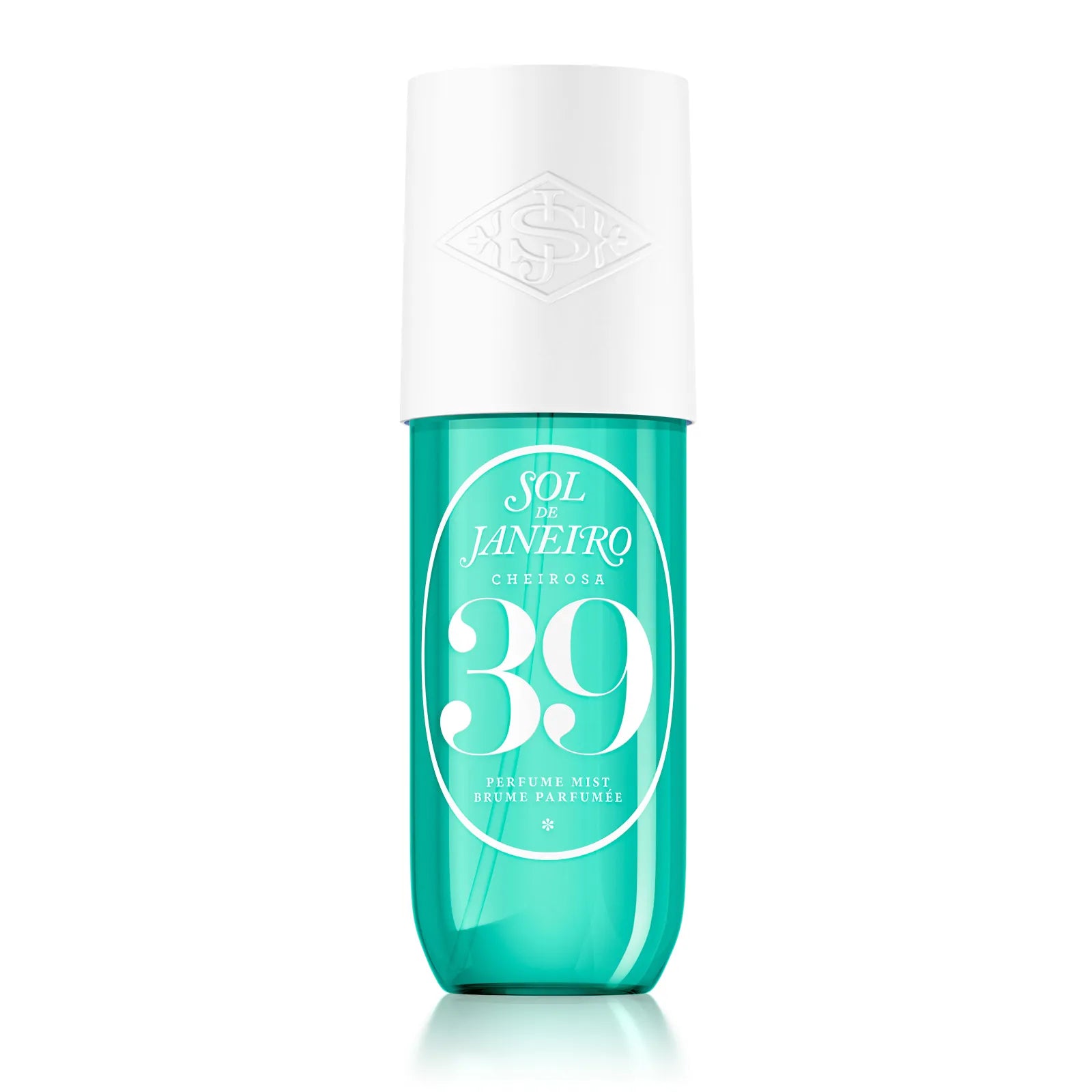 Teal and white bottle of Sol de Janeiro perfume mist on a white background