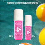 Two pink bottles with white caps labeled '48' on a blue background with beach balls.