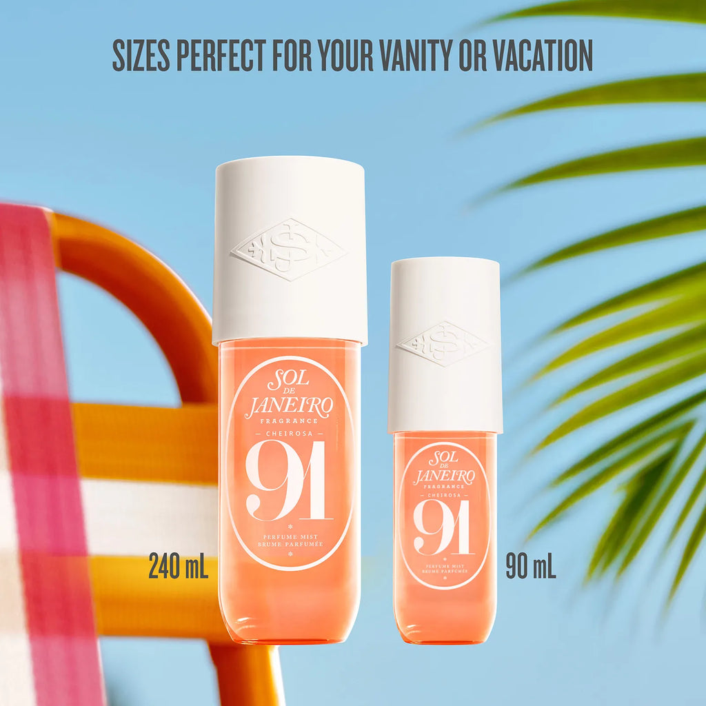 Two skincare bottles with 'SOL YANETRO' branding on a colorful chair and palm leaf background.