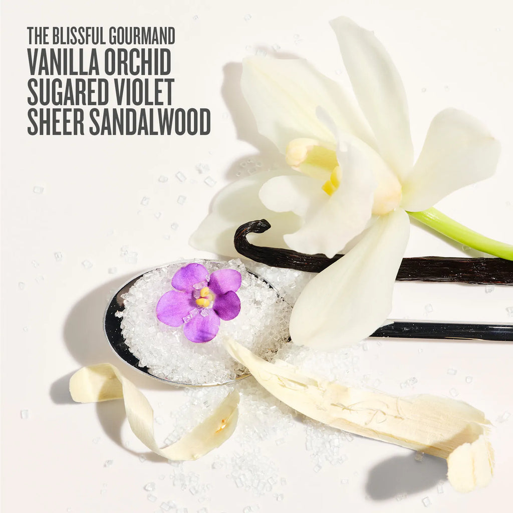 Vanilla orchid, sugared violet, and sheer sandalwood with a white background