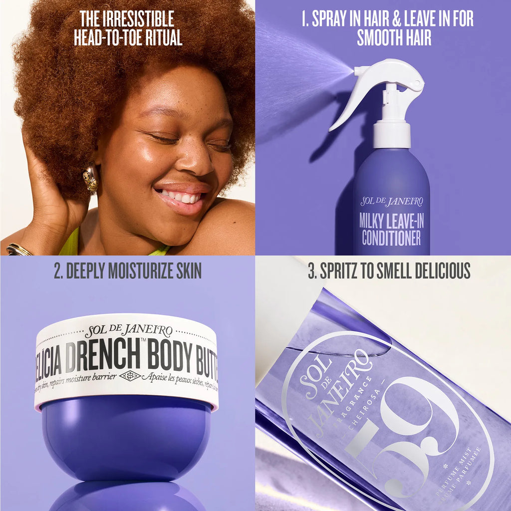 Promotional image of Sol de Janeiro products with a woman, spray bottle, and body butter.