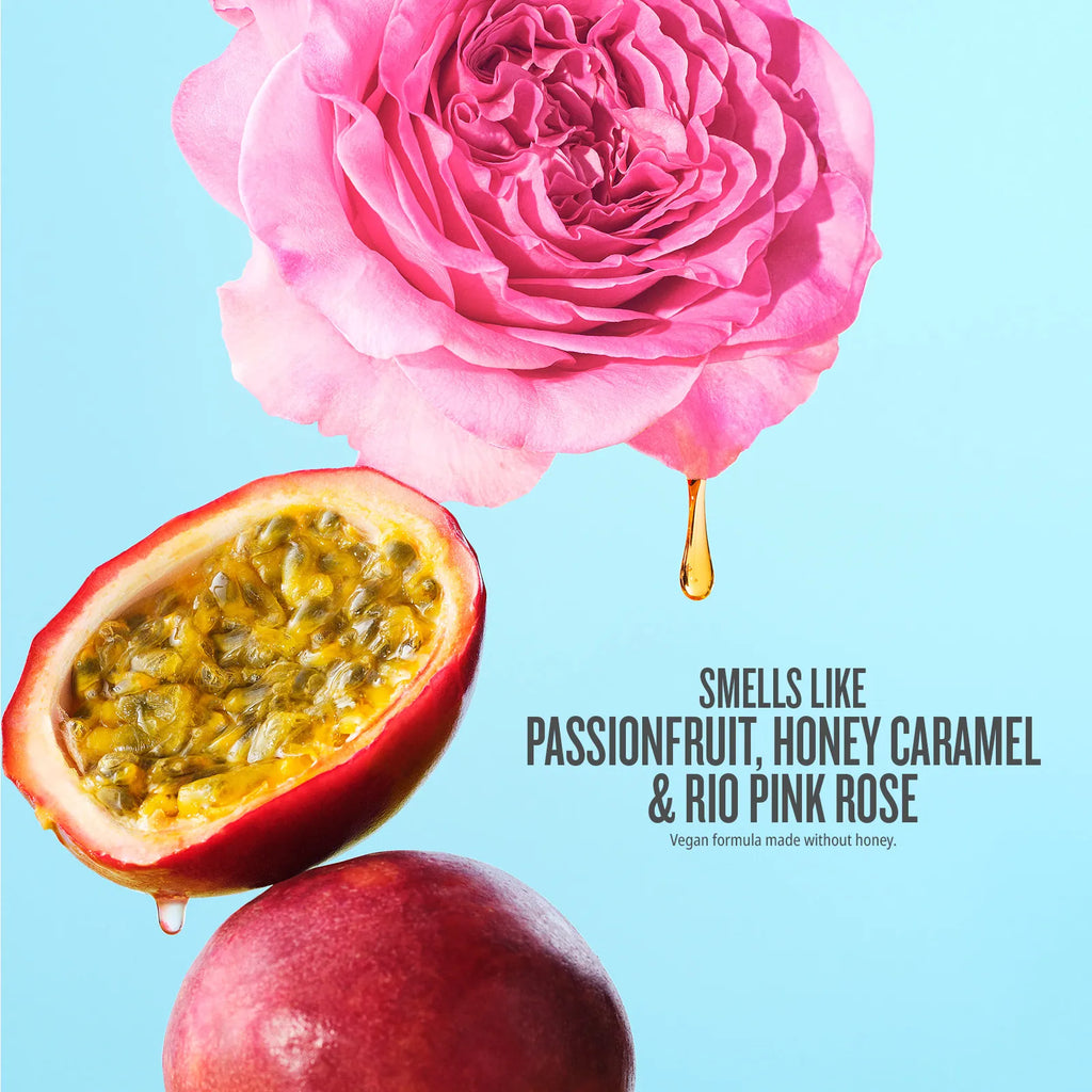 Pink rose and passionfruit with text on a light blue background