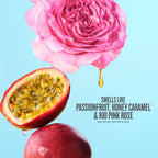 Pink rose and passionfruit with text on a light blue background