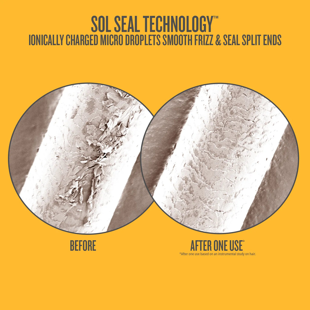 Before and after comparison of hair split ends using Sol Seal Technology on a yellow background.