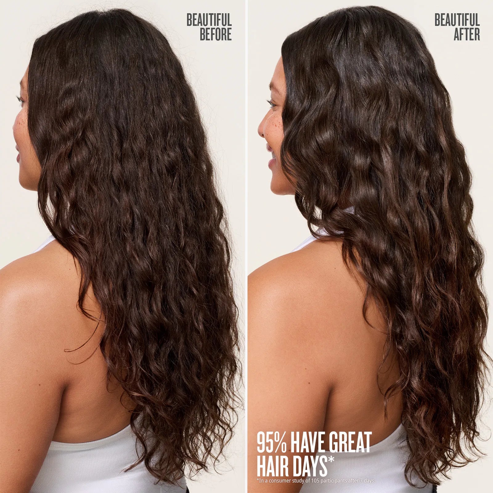Before and after comparison of a woman's long, wavy hair with text about hair health.