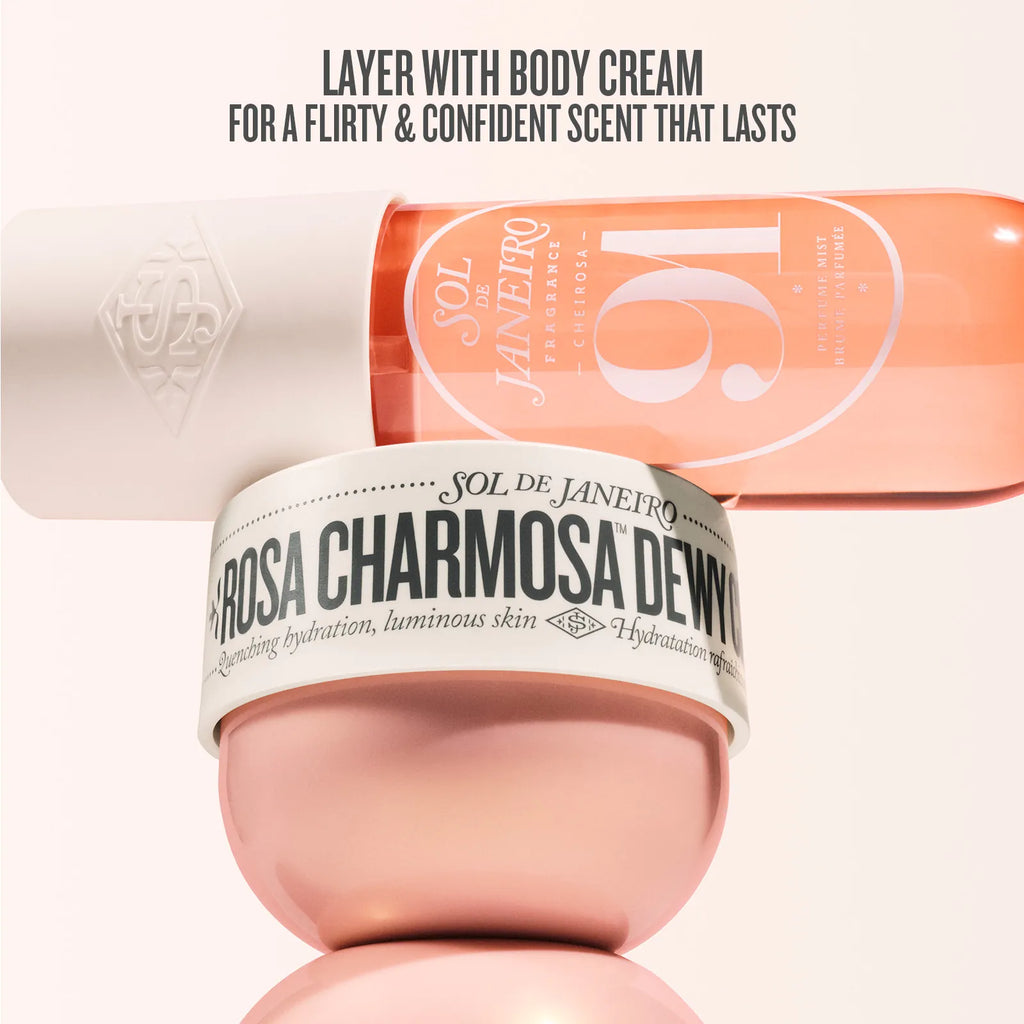 Two cosmetic jars labeled 'Charmosa Dewy' and 'Sol de Janerito' on a white background.