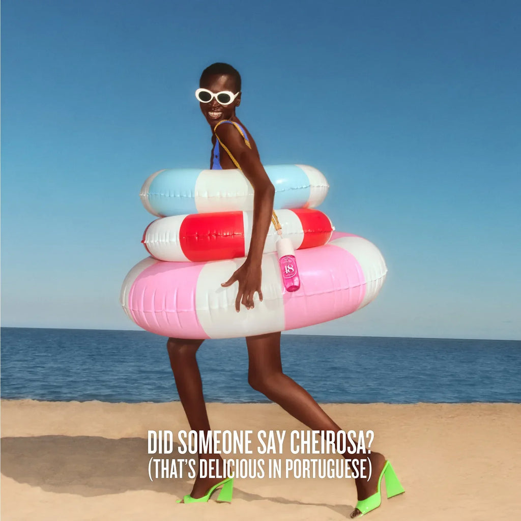 Woman on a beach with colorful inflatable rings and a bottle, with text overlay.