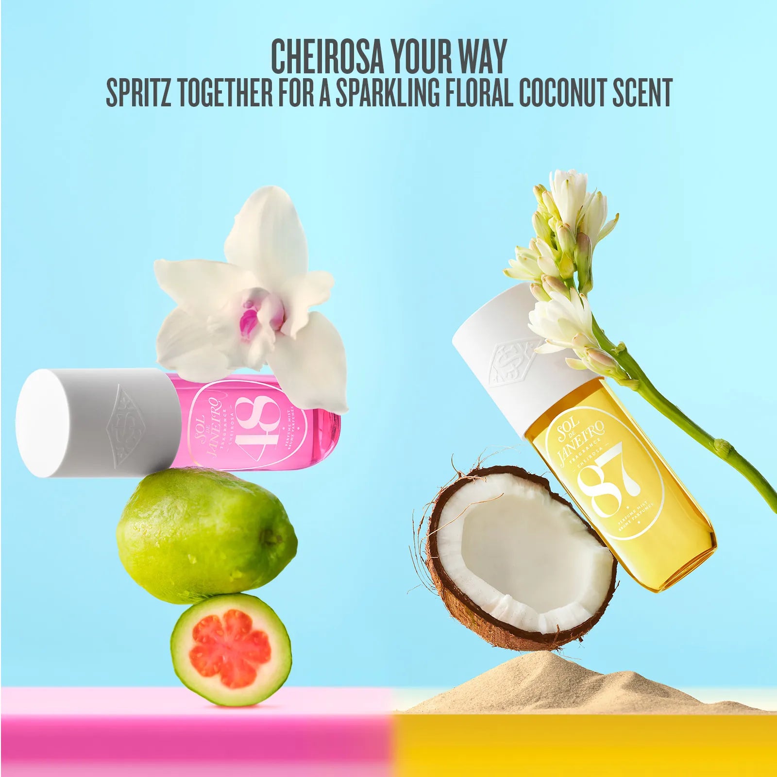 Cosmetic products with fruits and flowers on a blue background, promoting a sparkling floral coconut scent.