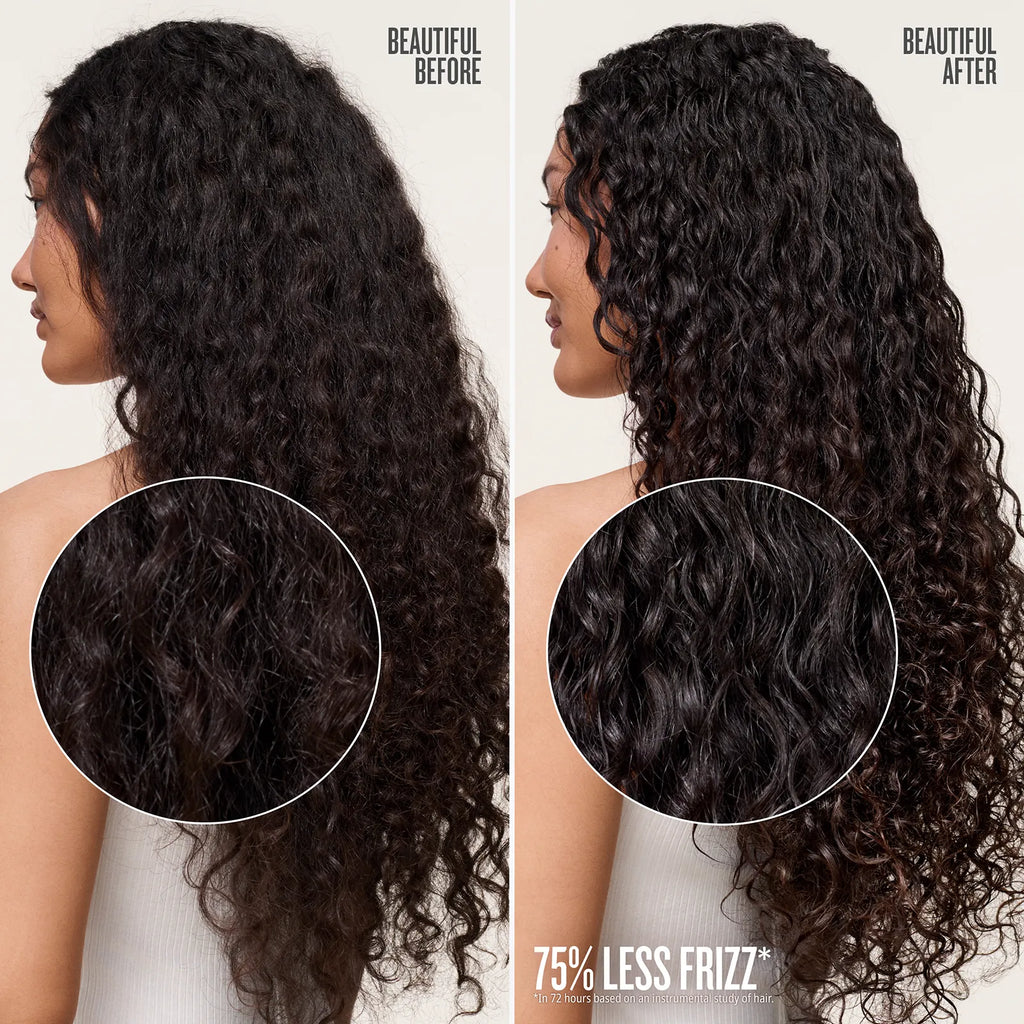 Before and after comparison of frizzy hair with 75% less frizz, on a neutral background.