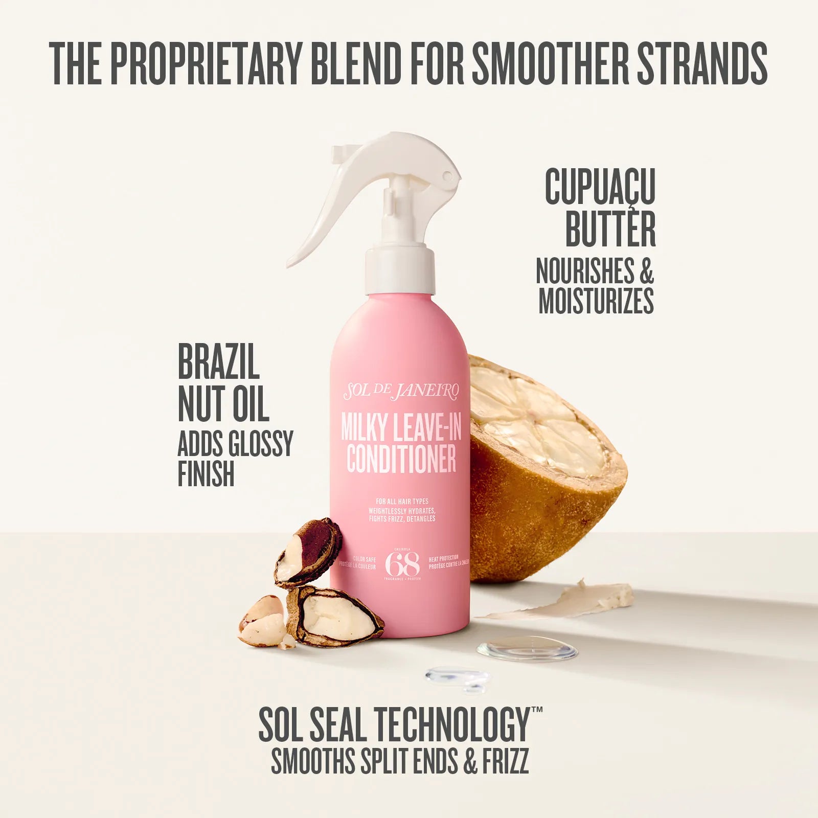 Pink bottle of leave-in conditioner with coconut and text highlighting ingredients and benefits on a white background