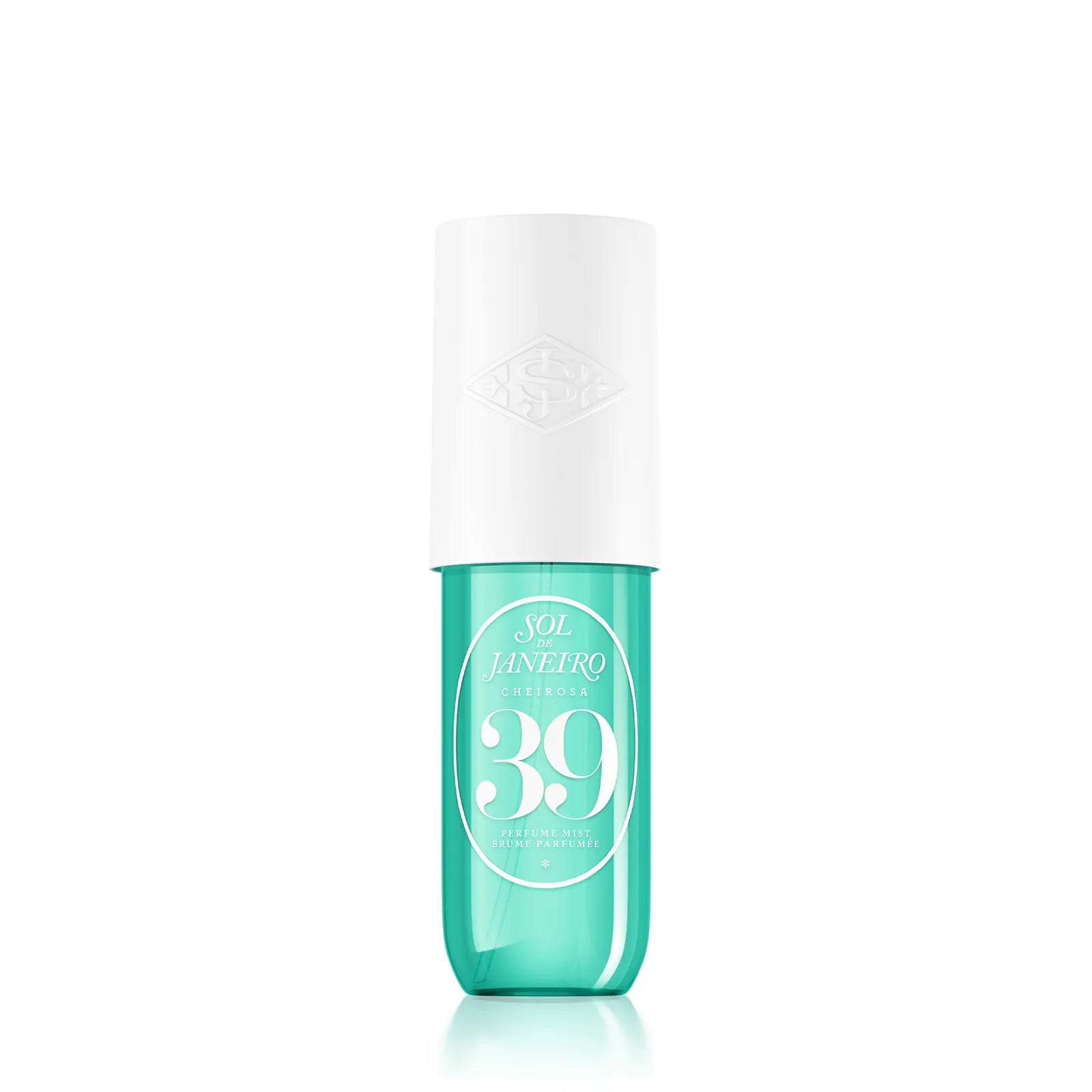 Cosmetic bottle with a white cap and teal body on a white background