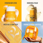 hydrating body lotion, nourishing lip balm, irresistible and sunny scent, everyday essentials, sized to go