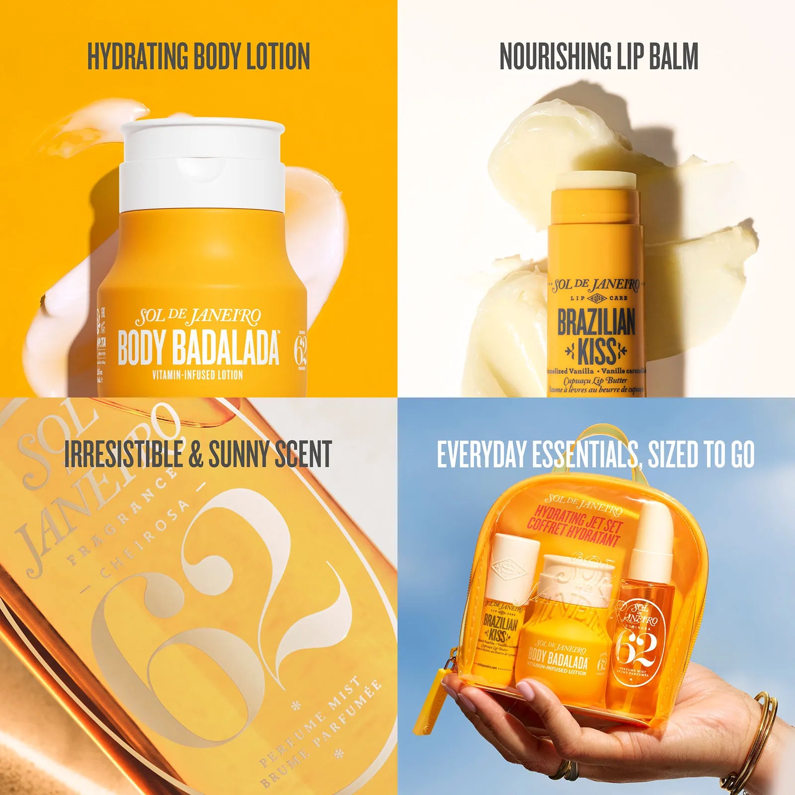 hydrating body lotion, nourishing lip balm, irresistible and sunny scent, everyday essentials, sized to go