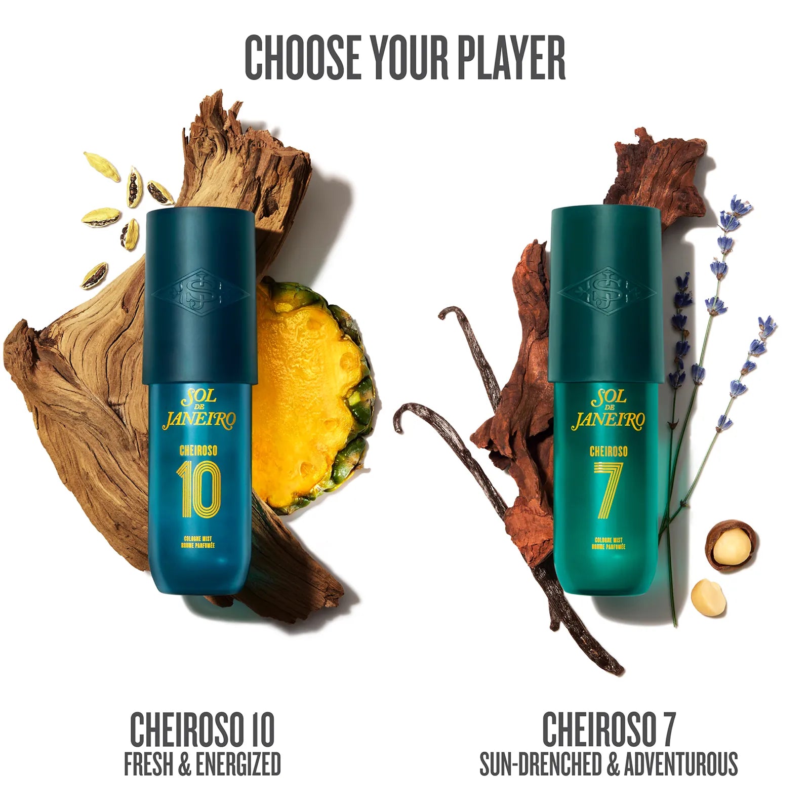 Two bottles of Sol Jonerio colognes with natural elements on a white background