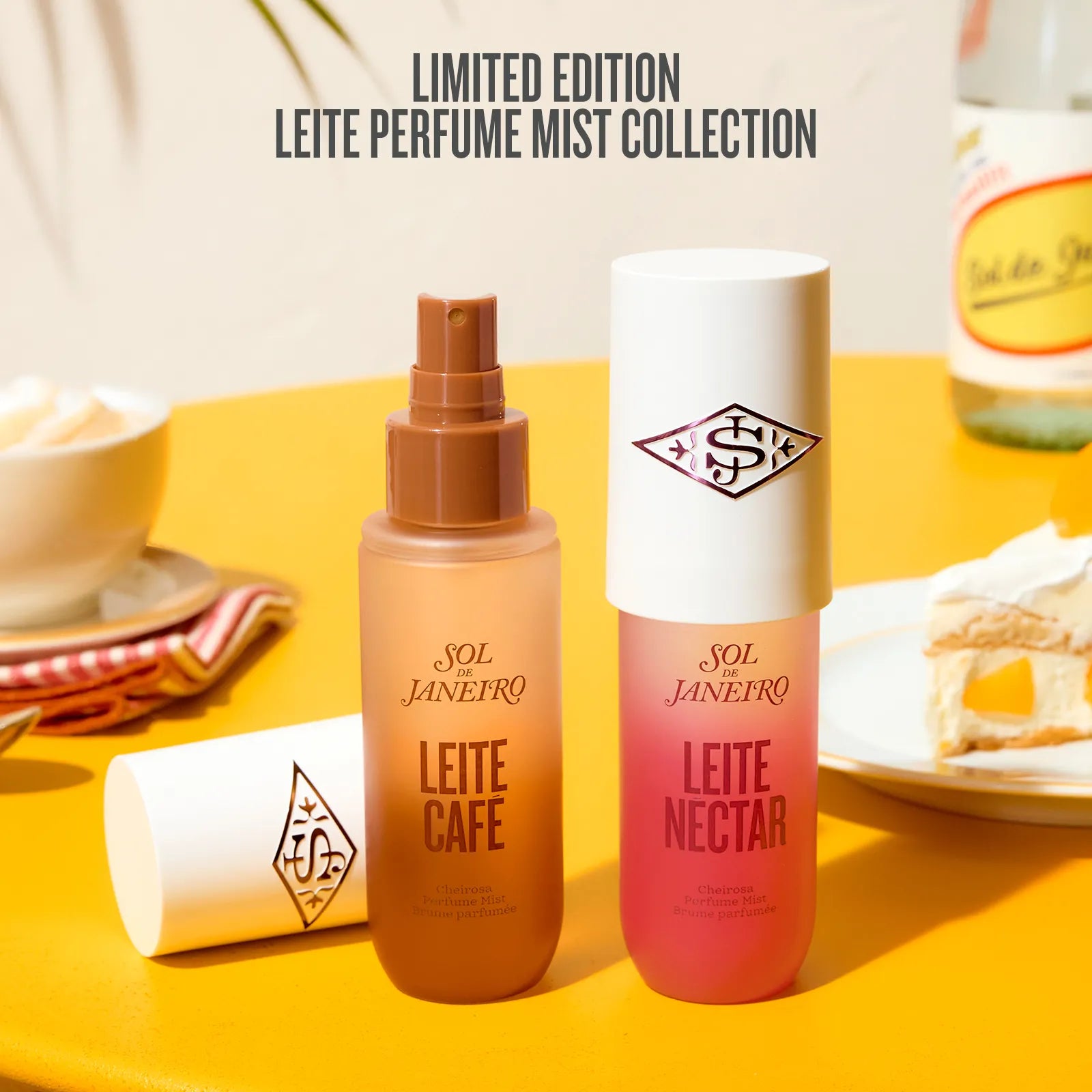 Two Sol Janeró perfume bottles on a yellow surface with text indicating a limited edition collection.