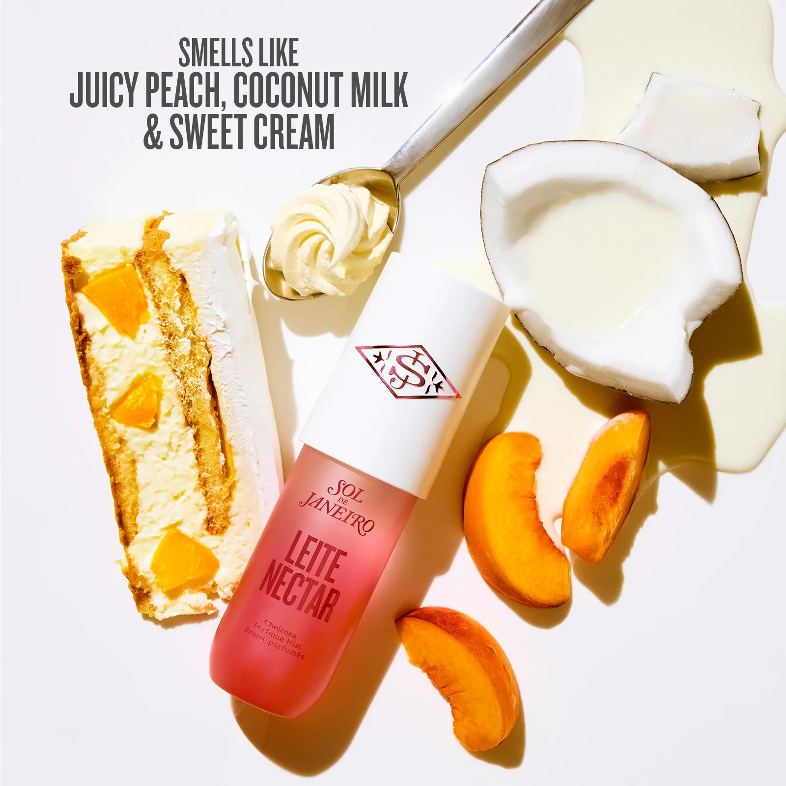 Cosmetic bottle labeled 'Leite Nectar' with peach slices, coconut, and cake on a white background