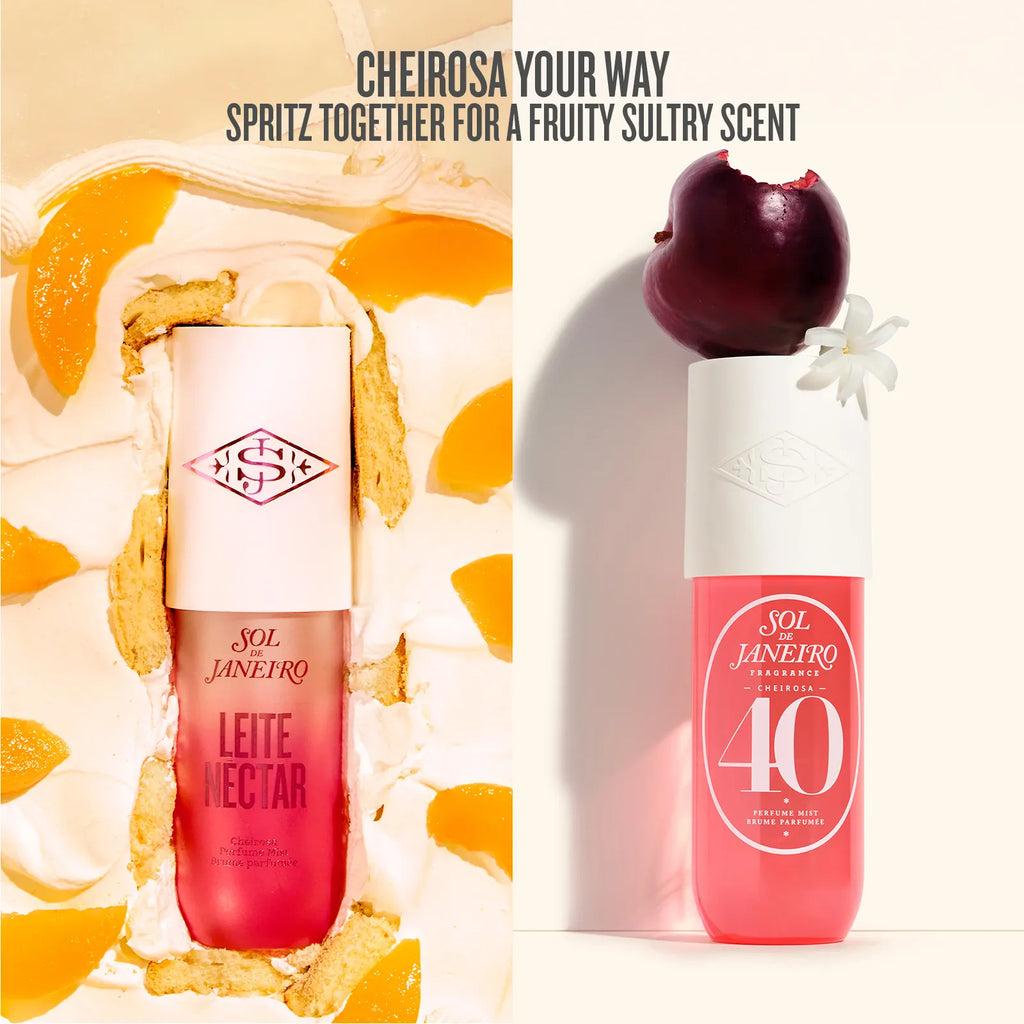 Two perfume bottles with fruit-themed packaging on a white background