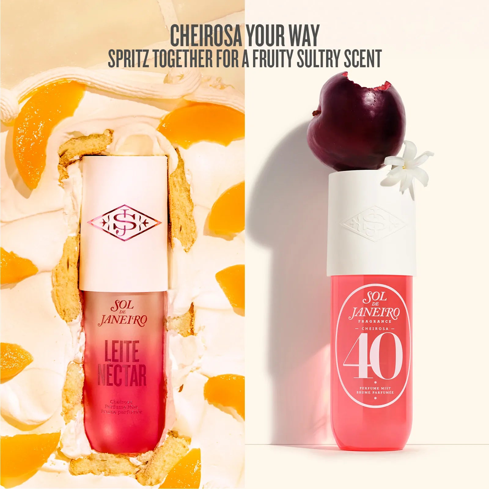 Two perfume bottles with fruit-themed packaging on a white background