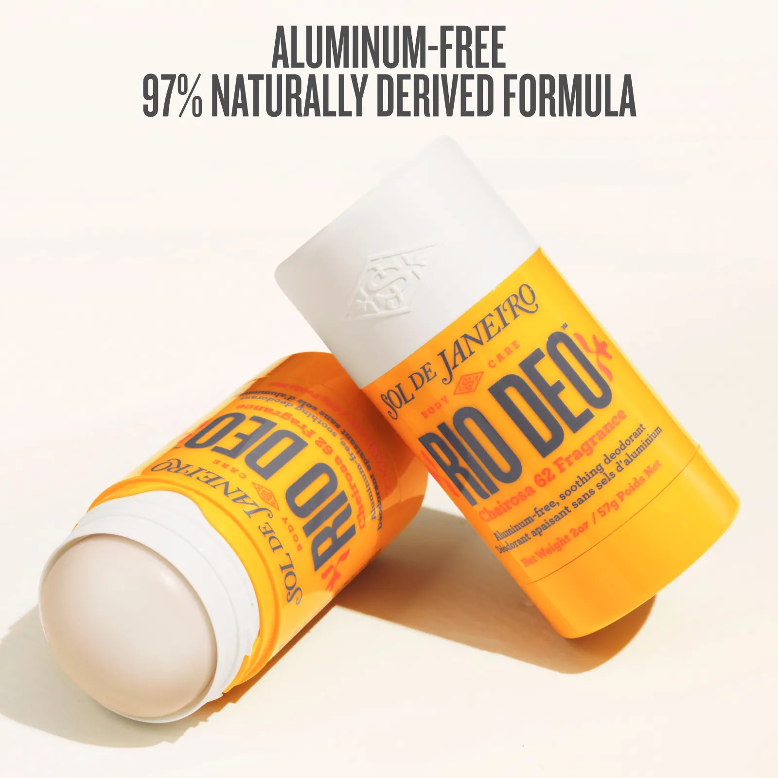 Two Rio Deo deodorant sticks on a light background with text about an aluminum-free formula.